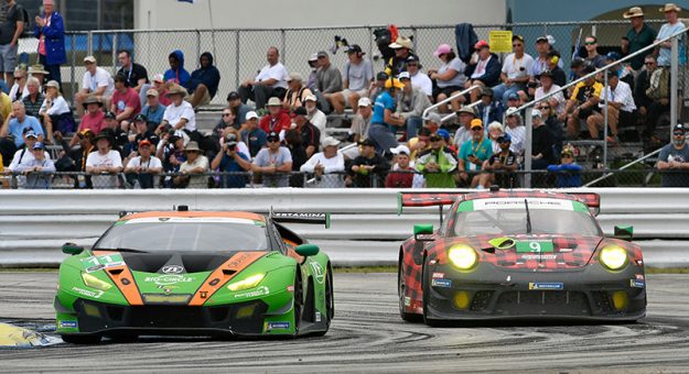 #11 GRT Grasser Racing Team Lamborghini Huracan GT3, GTD: Mirko Bortolotti, Rik Breukers, Rolf Ineichen, #9 PFAFF Motorsports Porsche 911 GT3 R, GTD: Scott Hargrove, Zacharie Robichon, Lars Kern