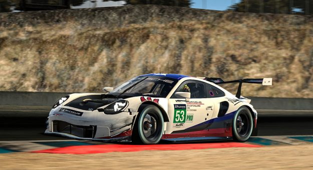 #53 Riley Dickinson, Moorespeed Porsche, crash(MEDIA: EDITORIAL USE ONLY) (This image is from the iRacing computer game)