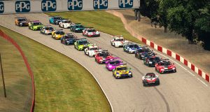#7 Bruno Spengler, BMW IMSA Team Red BMW, #96 Robby Foley, Turner Motorsport BMW, start, pace car(MEDIA: EDITORIAL USE ONLY) (This image is from the iRacing computer game)