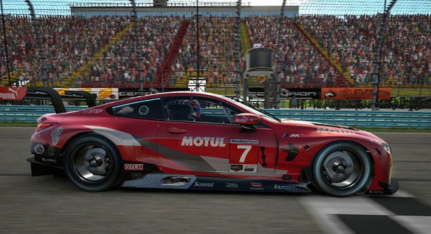 #7 Bruno Spengler, BMW IMSA Team Red BMW, checkered flag(MEDIA: EDITORIAL USE ONLY) (This image is from the iRacing computer game)