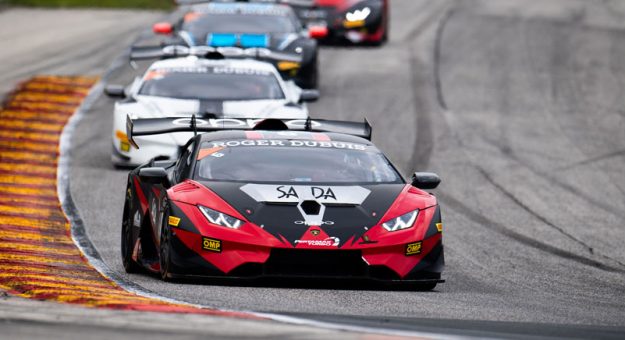 The No. 6 US RaceTronics Lamborghini Beverly Hills machine of Jacob Eidson and Steven Aghakhani speeds to victory in Round 2 at Road America.