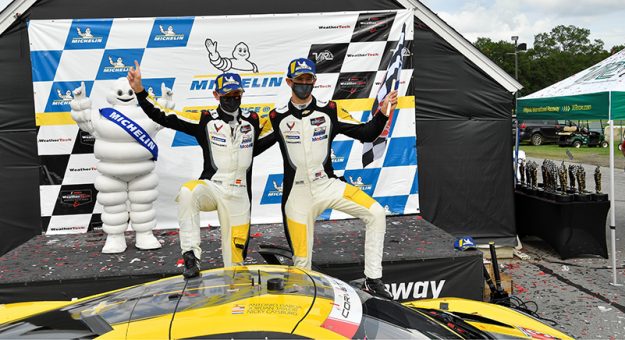 Antonio Garcia and Jordan Taylor celebrate Michelin GT Challenge at VIR win.