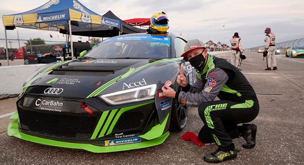 Motul Pole Award winner #39 CarBahn with Peregrine racing Audi R8 GT4, GS: Tyler McQuarrie