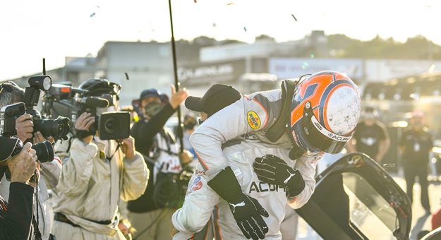 #7 Acura Team Penske Acura DPi, DPi: Helio Castroneves, Ricky Taylor celebrate after winning the Hyundai Monterey Sports Car Championship at WeatherTech Raceway Laguna Seca