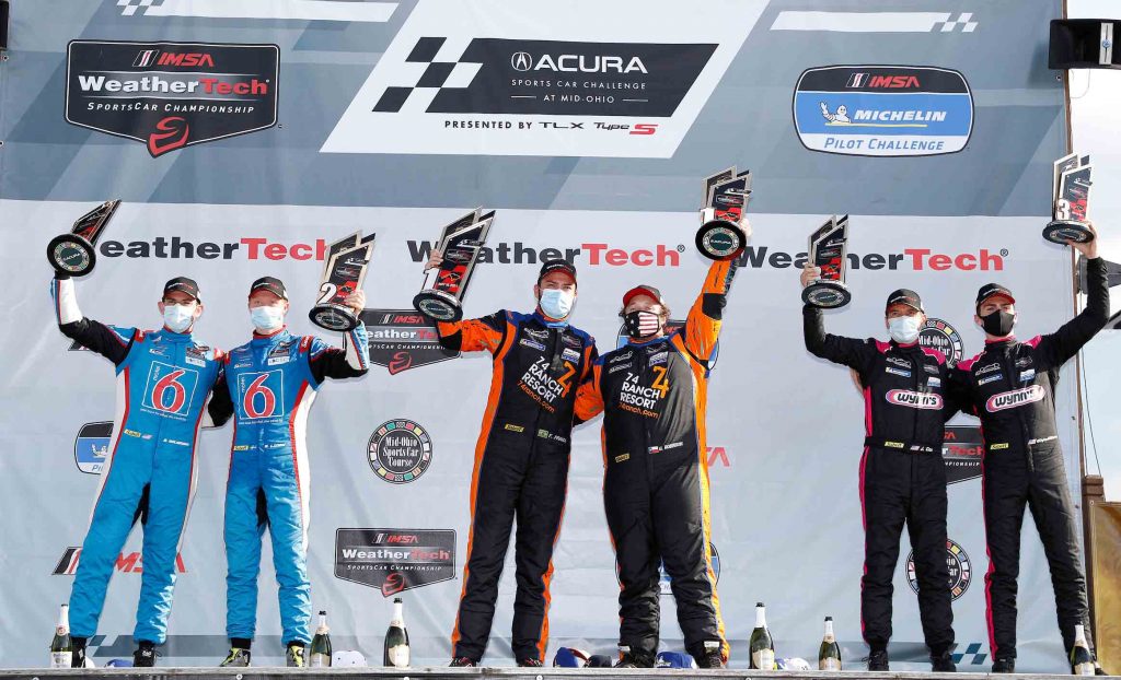 #74: Riley Motorsports Ligier JS P320, LMP3: Gar Robinson, Felipe Fraga celebrate the win in victory lane on the podium with #38: Performance Tech Motorsports Ligier JS P320, LMP3: Dan Goldburg, Rasmus Lindh, #91: Riley Motorsports Ligier JS P320, LMP3: Jim Cox, Dylan Murry