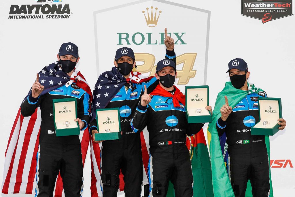 #10: Konica Minolta Acura ARX-05 Acura DPi, DPi: Ricky Taylor, Filipe Albuquerque, Alexander Rossi, Helio Castroneves, podium, with Rolex Cosmograph Daytona watches
