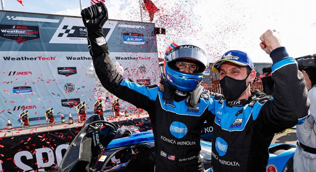 #10: Konica Minolta Acura ARX-05 Acura DPi, DPi: Ricky Taylor, Filipe Albuquerque, Celebrates win in Victory Lane