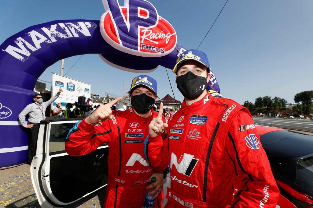 TCR class winners #33 Bryan Herta Autosport w/ Curb Agajanian Hyundai Veloster N TCR, TCR: Gabby Chaves, Ryan Norman, podium