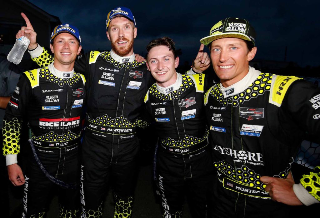 #12: VasserSullivan Lexus RC F GT3, GTD: Frankie Montecalvo, Zach Veach, #14: VasserSullivan Lexus RC F GT3, GTD: Jack Hawksworth , Aaron Telitz, victory lane, celebration