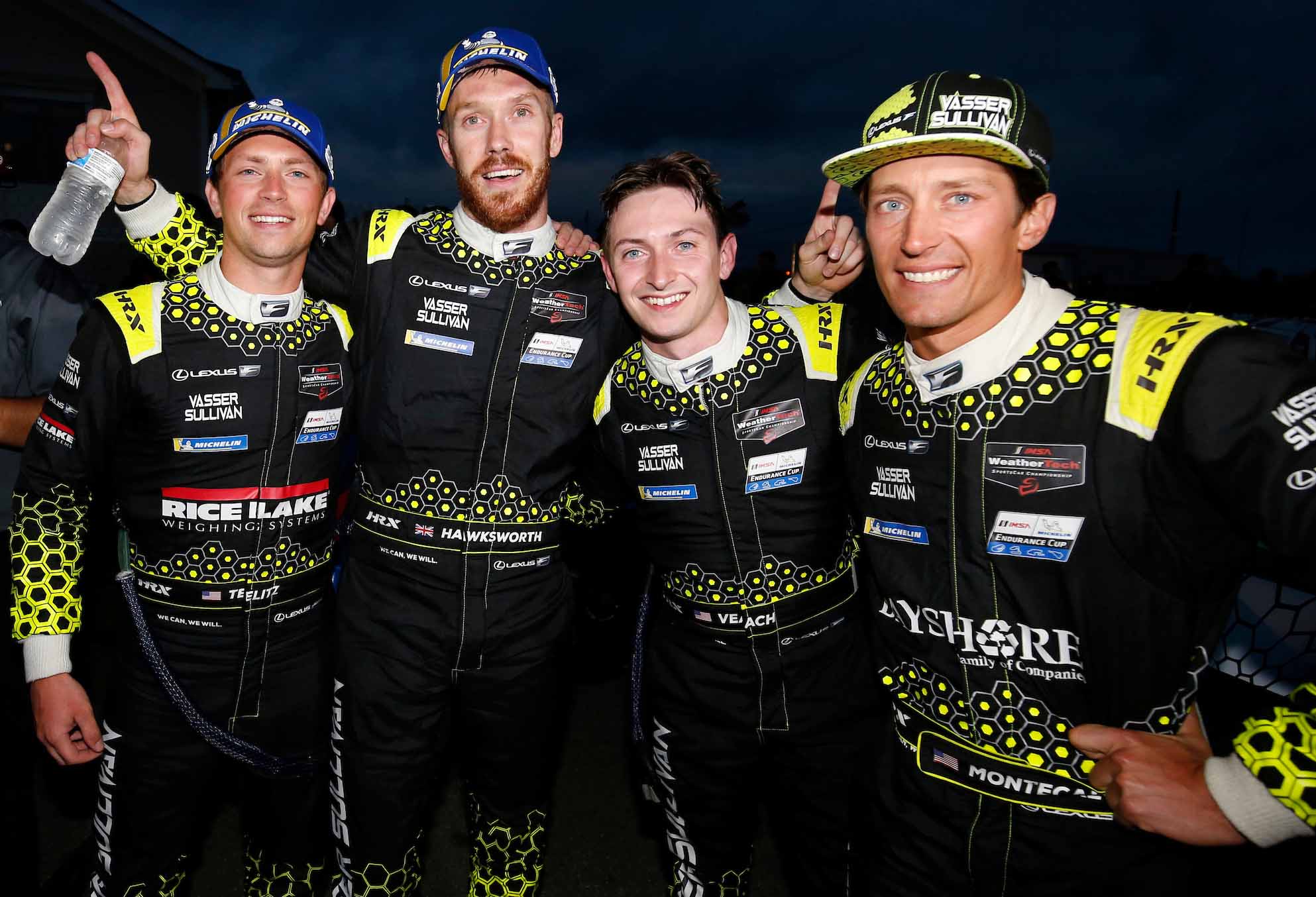 #12: VasserSullivan Lexus RC F GT3, GTD: Frankie Montecalvo, Zach Veach, #14: VasserSullivan Lexus RC F GT3, GTD: Jack Hawksworth , Aaron Telitz, victory lane, celebration