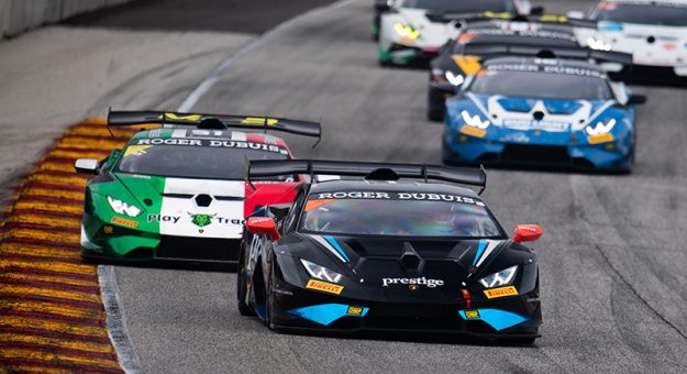 August 7, 2021. Lamborghini Super Trofeo, Road America, start of race 1, led by 1 Kyle Marcelli, Danny Formal, Prestige Performance with WTR, Lamborghini Paramus, Lamborghini Huracan Super Trofeo EVO, WTR1