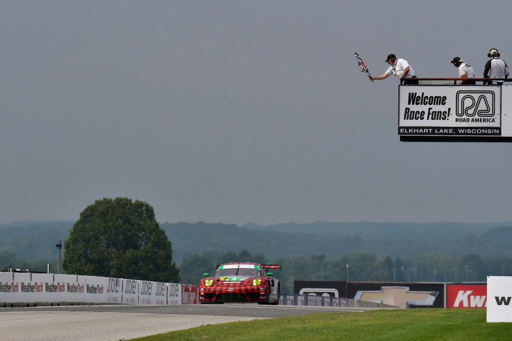 #9: Pfaff Motorsports Porsche 911 GT3R, GTD: Zacharie Robichon, Laurens Vanthoor, checkered flag, checkered, winner