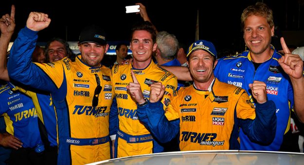 #96 Turner Motorsport BMW M6 GT3, GTD: Bill Auberlen, Robby Foley, Dillon Machavern celebrate the win in victory lane