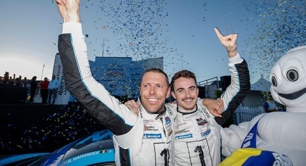#16: Wright Motorsports Porsche 718 Cayman GT4 Clubsport, GS: Max Root, Jan Heylen, winner, podium