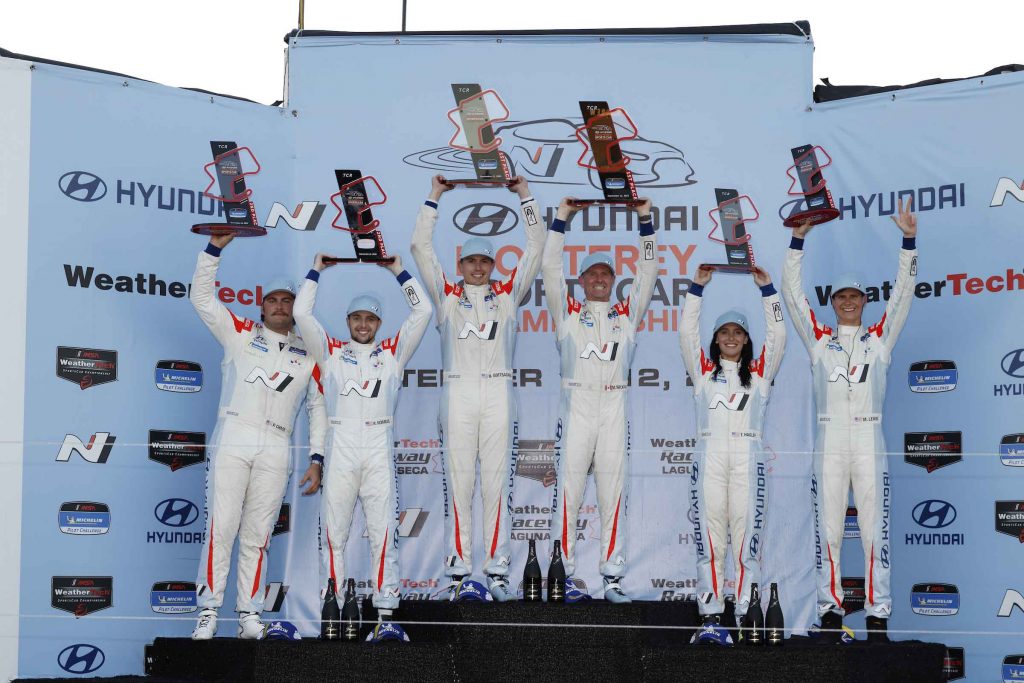 #33: Bryan Herta Autosport w/ Curb-Agajanian Hyundai Elantra N TCR, TCR: Mark Wilkins, Harry Gottsacker, #98: Bryan Herta Autosport w/ Curb-Agajanian Hyundai Elantra N TCR, TCR: Ryan Norman, Parker Chase, #77: Bryan Herta Autosport w/ Curb-Agajanian Hyundai Veloster N TCR, TCR: Michael Lewis, Taylor Hagler, podium