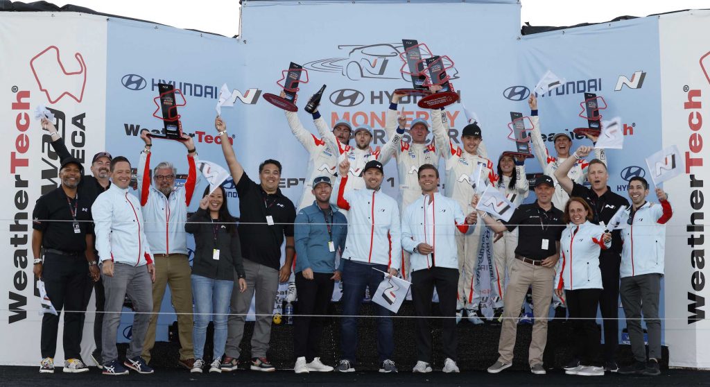#33: Bryan Herta Autosport w/ Curb-Agajanian Hyundai Elantra N TCR, TCR: Mark Wilkins, Harry Gottsacker, podium, winner, #77: Bryan Herta Autosport w/ Curb-Agajanian Hyundai Veloster N TCR, TCR: Michael Lewis, Taylor Hagler, #98: Bryan Herta Autosport w/ Curb-Agajanian Hyundai Elantra N TCR, TCR: Ryan Norman, Parker Chase, crew members