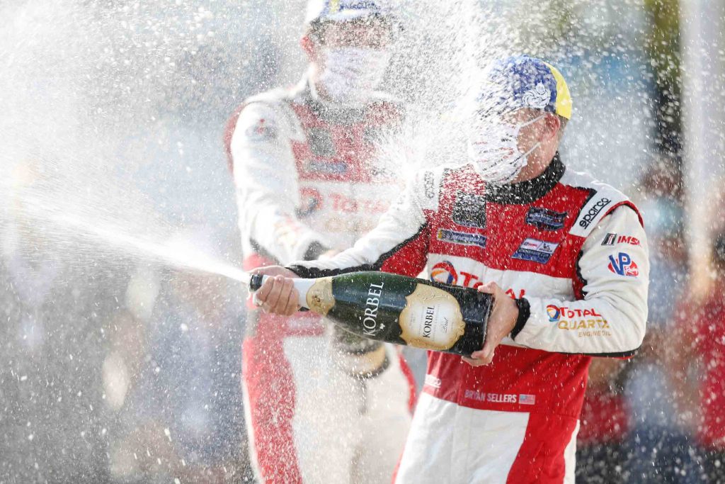 #1: Paul Miller Racing Lamborghini Huracan GT3, GTD: Madison Snow, Bryan Sellers, winner, podium, champagne, #16: Wright Motorsports Porsche 911 GT3R, GTD: Patrick Long, Trent Hindman
