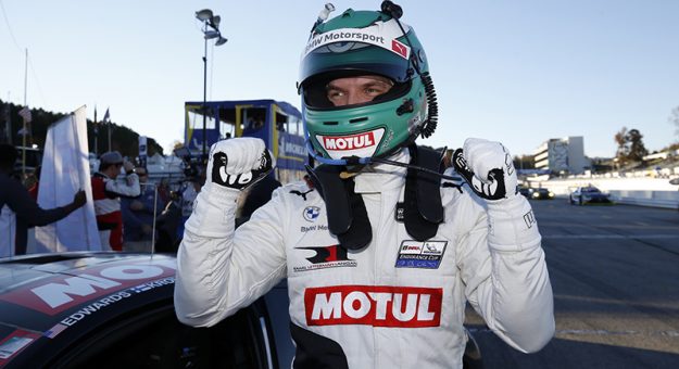 #24: BMW Team RLL BMW M8 GTE, GTLM: John Edwards, Jesse Krohn, Augusto Farfus celebrates winning the Motul Pole Award