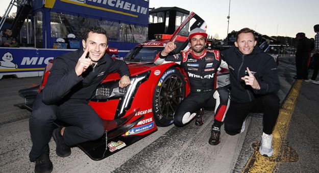 #31: Whelen Engineering Racing Cadillac DPi, DPi: Felipe Nasr celebrates winning the Motul Pole Award