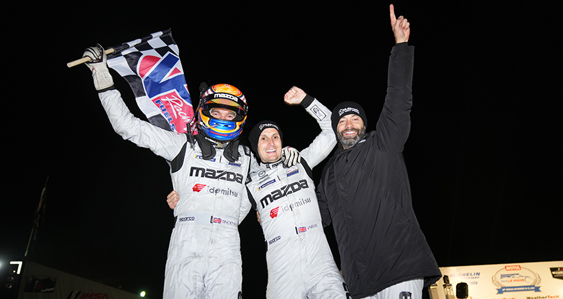 #55: Mazda Motorsports Mazda DPi, DPi: Harry Tincknell, Oliver Jarvis, Jonathan Bomarito celebrates in victory lane