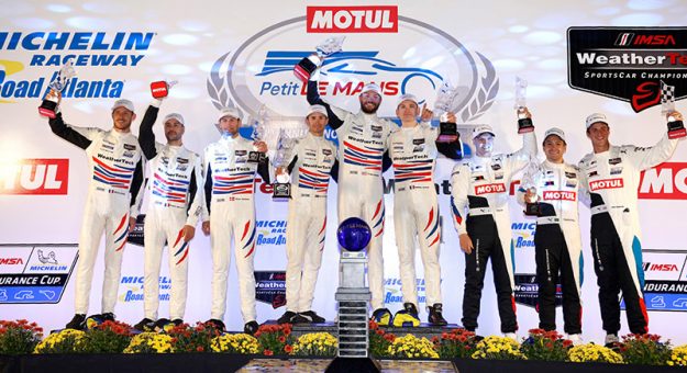 #79: WeatherTech Racing Porsche 911 RSR - 19, GTLM: Cooper MacNeil, Mathieu Jaminet, Matt Campbell, #97: WeatherTech Racing Porsche 911 RSR - 19, GTLM: Kevin Estre, Michael Christensen, Frederic Makowiecki, #24: BMW Team RLL BMW M8 GTE, GTLM: John Edwards, Jesse Krohn, Augusto Farfus celebrate on the podium