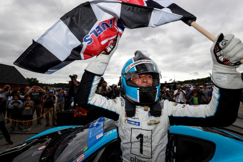 #16: Wright Motorsports Porsche 718 Cayman GT4 Clubsport, GS: Ryan Hardwick, Jan Heylen celebrate in victory lane