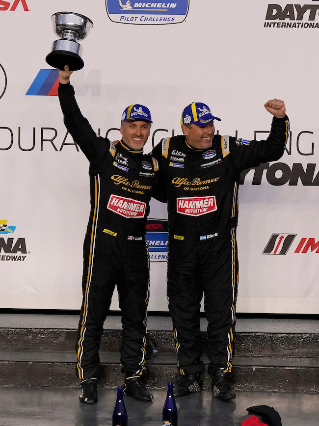 #1: Bryan Herta Autosport w/ Curb Agajanian, Hyundai Elantra N TCR, TCR: Michael Lewis, Taylor Hagler, #5: KMW Motorsports with TMR Engineering, Alfa Romeo Giulietta Veloce TCR, TCR: Roy Block, Tim Lewis, #33: Bryan Herta Autosport w/ Curb-Agajanian, Hyundai Elantra N TCR, TCR: Mark Wilkins, Robert Wickens celebrate on the podium