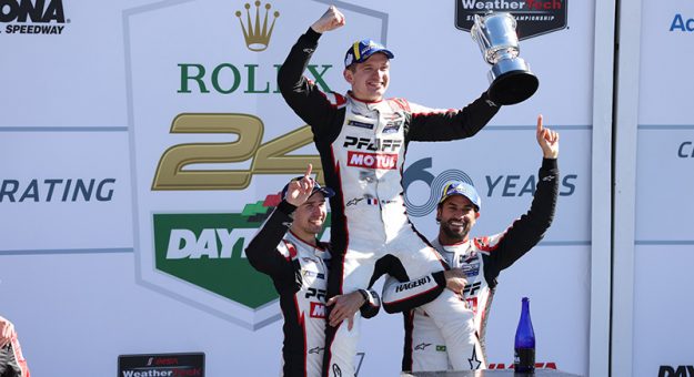#9: PFAFF Motorsports, Porsche 911 GT3R, GTD PRO: Matt Campbell, Mathieu Jaminet, Felipe Nasr celebrate on the podium