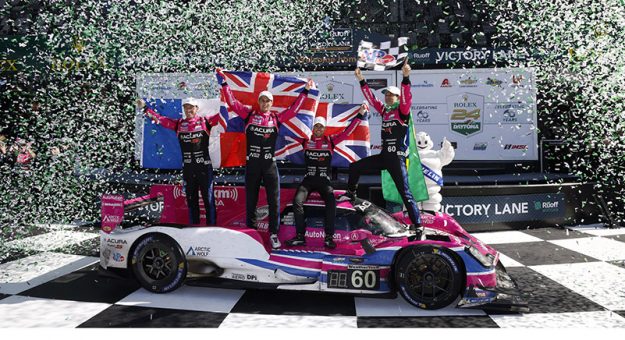 #60: Meyer Shank Racing W/Curb-Agajanian, Acura DPi, DPi: Oliver Jarvis, Tom Blomqvist, Helio Castroneves, Simon Pagenaud celebrate in victory lane