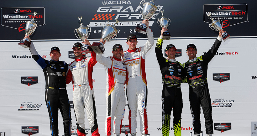 #1: Paul Miller Racing, BMW M4 GT3, GTD: Bryan Sellers, Madison Snow #12: VasserSullivan, Lexus RC F GT3, GTD: Frankie Montecalvo, Aaron Telitz #66: Gradient Racing, Acura NSX GT3, GTD: Mario Farnbacher, Marc Miller podium