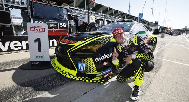 #17: VasserSullivan, Lexus RC F GT3, GTD: Ben Barnicoat, Kyle Kirkwood celebrates winning the Motul Pole Award