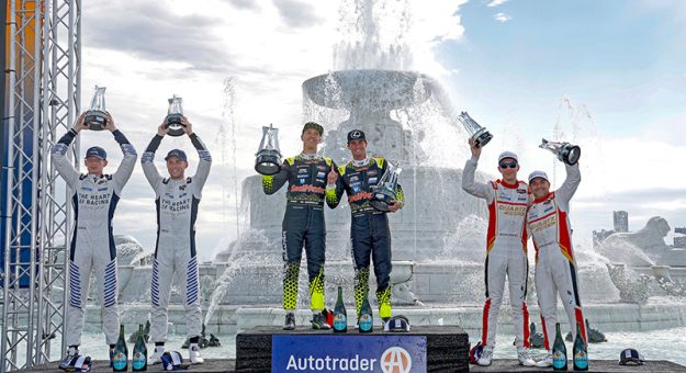 #17: VasserSullivan, Lexus RC F GT3, GTD: Ben Barnicoat, Kyle Kirkwood, #27: Heart of Racing Team, Aston Martin Vantage GT3, GTD: Roman De Angelis, Ross Gunn, #1: Paul Miller Racing, BMW M4 GT3, GTD: Bryan Sellers, Madison Snow celebrate on the podium