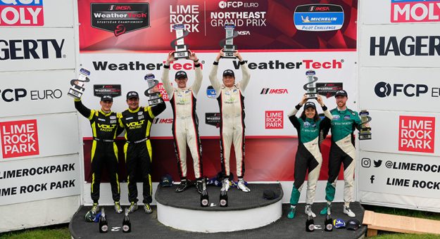 #7: VOLT Racing, Aston Martin Vantage GT4, GS: Alan Brynjolfsson, Trent Hindman, #71: Rebel Rock Racing, Chevrolet Camaro GT4.R, GS: Frank DePew, Robin Liddell, #877: JG Wentworth Racing, Ford Mustang GT4, GS: Sheena Monk, Kyle Marcelli