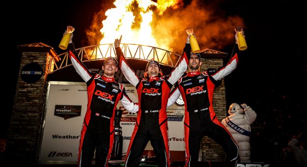 Winners #40: Wayne Taylor Racing with Andretti, Acura ARX-06, GTP: Jordan Taylor, Louis Deletraz, Colton Herta, celebrate, podium, Bosch, Orange Juice, Fresh from Florida