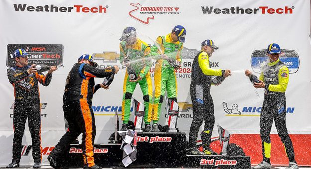 #52: Inter Europol by PR1 Mathiasen Motorsports, ORECA LMP2 07, LMP2: Nick Boulle, Tom Dillmann, podium, #74: Riley, ORECA LMP2 07, LMP2: Gar Robinson, Felipe Fraga, #11: TDS Racing, ORECA LMP2 07, LMP2: Steven Thomas, Scott Huffaker, champagne