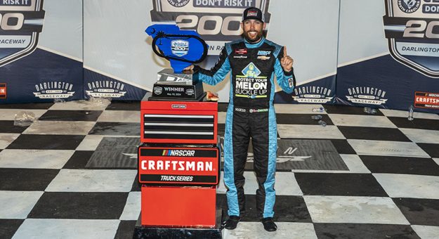 Ross Chastain celebrates his win for the Buckle Up South Carloina 200 in Darlington, SC, USA.