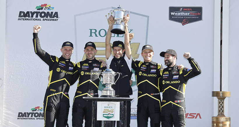 #13: AWA, Corvette Z06 GT3.R, GTD: Orey Fidani, Matthew Bell, Lars Kern, Marvin Kirchhofer celebrate on the podium