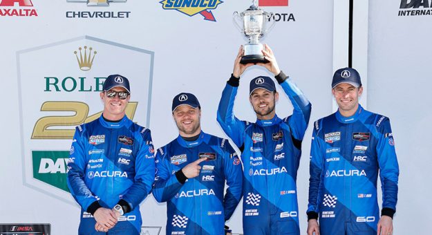 #60: Acura Meyer Shank Racing w/Curb Agajanian, Acura ARX-06, GTP: Tom Blomqvist, Colin Braun, Scott Dixon, Felix Rosenqvist, podium