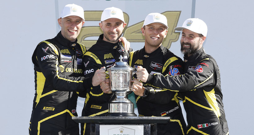 #13: AWA, Corvette Z06 GT3.R, GTD: Orey Fidani, Matthew Bell, Lars Kern, Marvin Kirchhofer celebrate on the podium