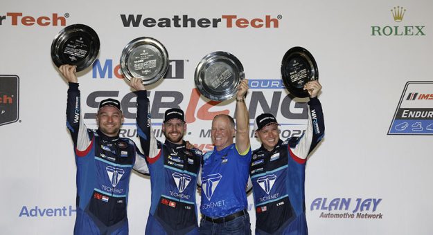 #57: Winward Racing, Mercedes AMG GT3, GTD: Russell Ward, Philip Ellis, Indy Dontje celebrate on the podium