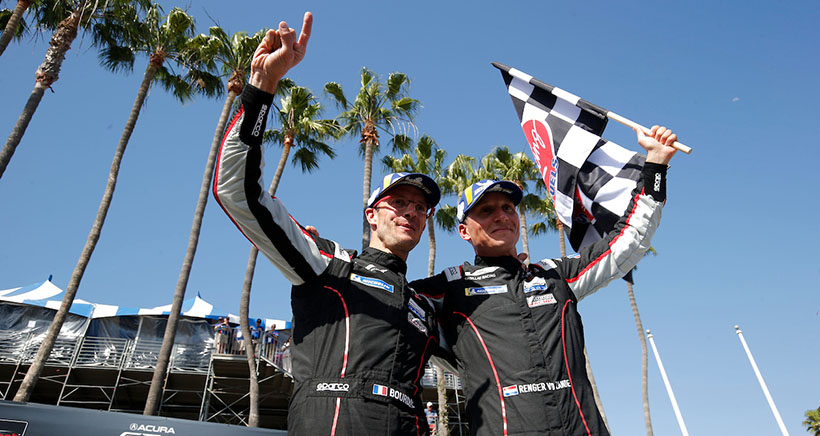 #01: Cadillac Racing, Cadillac DPi, DPi: Renger van der Zande, Sebastien Bourdais are the race winners on the podium.