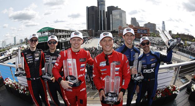 #93: Acura Meyer Shank Racing w/Curb Agajanian, Acura ARX-06, GTP: Renger van der Zande, Nick Yelloly, #10: Cadillac Wayne Taylor Racing, Cadillac V-Series.R, GTP: Ricky Taylor, Filipe Albuquerque,#6: Porsche Penske Motorsports, Porsche 963, GTP: Mathieu Jaminet, Matt Campbell, celebrate on the podium