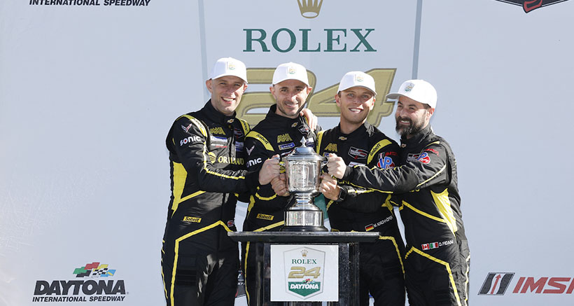 #13: AWA, Corvette Z06 GT3.R, GTD: Orey Fidani, Matthew Bell, Lars Kern, Marvin Kirchhofer celebrate on the podium