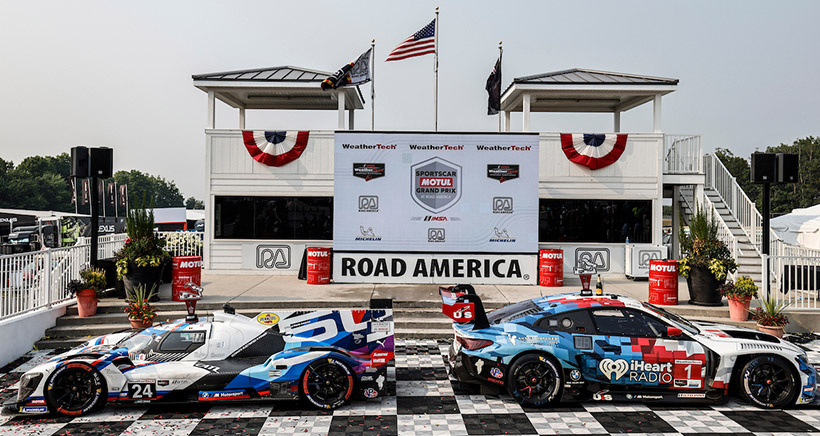 GTP winner #24: BMW M Team RLL, BMW M Hybrid V8, GTP: Philipp Eng, Dries Vanthoor with GTD Pro winner #1: Paul Miller Racing, BMW M4 GT3 EVO, GTD PRO: Madison Snow, Neil Verhagen