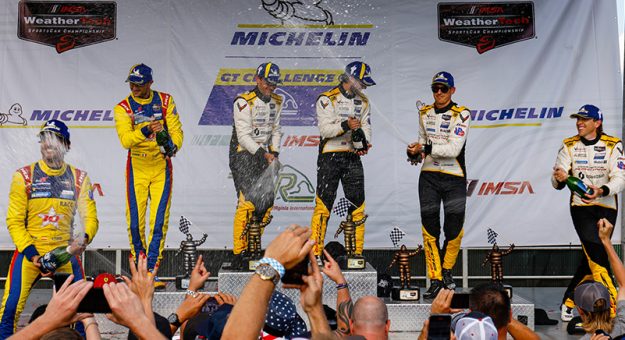 GTD Pro Podium, #3: Corvette Racing by Pratt Miller Motorsports, Corvette Z06 GT3.R, GTD PRO: Antonio Garcia, Alexander Sim, #81: DragonSpeed, Ferrari 296 GT3, GTD PRO: Albert Costa, Giacomo Altoè, #4: Corvette Racing by Pratt Miller Motorsports, Corvette Z06 GT3.R, GTD PRO: Tommy Milner, Nicky Catsburg, Champagne