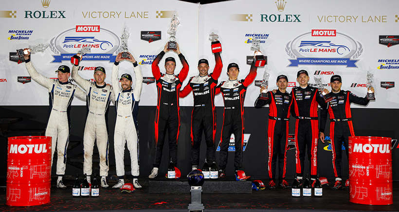 GTP Podium, #31: Cadillac Whelen, Cadillac V-Series.R, GTP: Jack Aitken, Earl Bamber, Frederik Vesti, #23: ASTON MARTIN THOR Team, Aston Martin Valkyrie, GTP: Ross Gunn, Roman De Angelis, Alex Riberas, #6: Porsche Penske Motorsports, Porsche 963, GTP: Mathieu Jaminet, Matt Campbell, Julien Andlauer