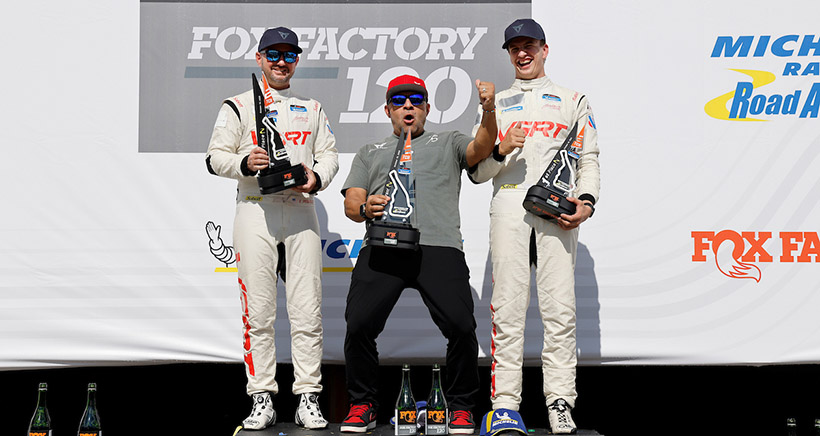 #99: Victor Gonzalez Racing Team, Hyundai Elantra N TCR, TCR: Tyler Gonzalez, Eric Powell on the podium