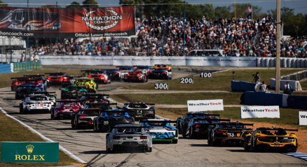 #66: Gradient Racing, Ford Mustang GT3, GTD: Joey Hand, Till Bechtolsheimer, Tati Calderon, #19: van der Steur Racing, Aston Martin Vantage GT3 Evo, GTD: Rory van der Steur, Valentin Hasse-Clot, Anthony McIntosh, #13: AWA, Corvette Z06 GT3.R, GTD: Orey Fidani, Matthew Bell, Lars Kern chase the field through turn one