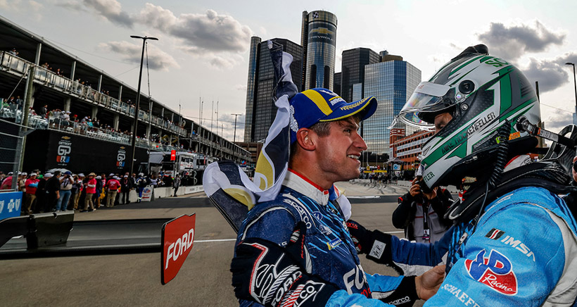 #64: Ford Multimatic Motorsports, Ford Mustang GT3, GTD PRO: Mike Rockenfeller, Sebastian Priaulx, Victory Lane