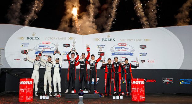 GTP Podium, #31: Cadillac Whelen, Cadillac V-Series.R, GTP: Jack Aitken, Earl Bamber, Frederik Vesti, #23: ASTON MARTIN THOR Team, Aston Martin Valkyrie, GTP: Ross Gunn, Roman De Angelis, Alex Riberas, #6: Porsche Penske Motorsports, Porsche 963, GTP: Mathieu Jaminet, Matt Campbell, Julien Andlauer